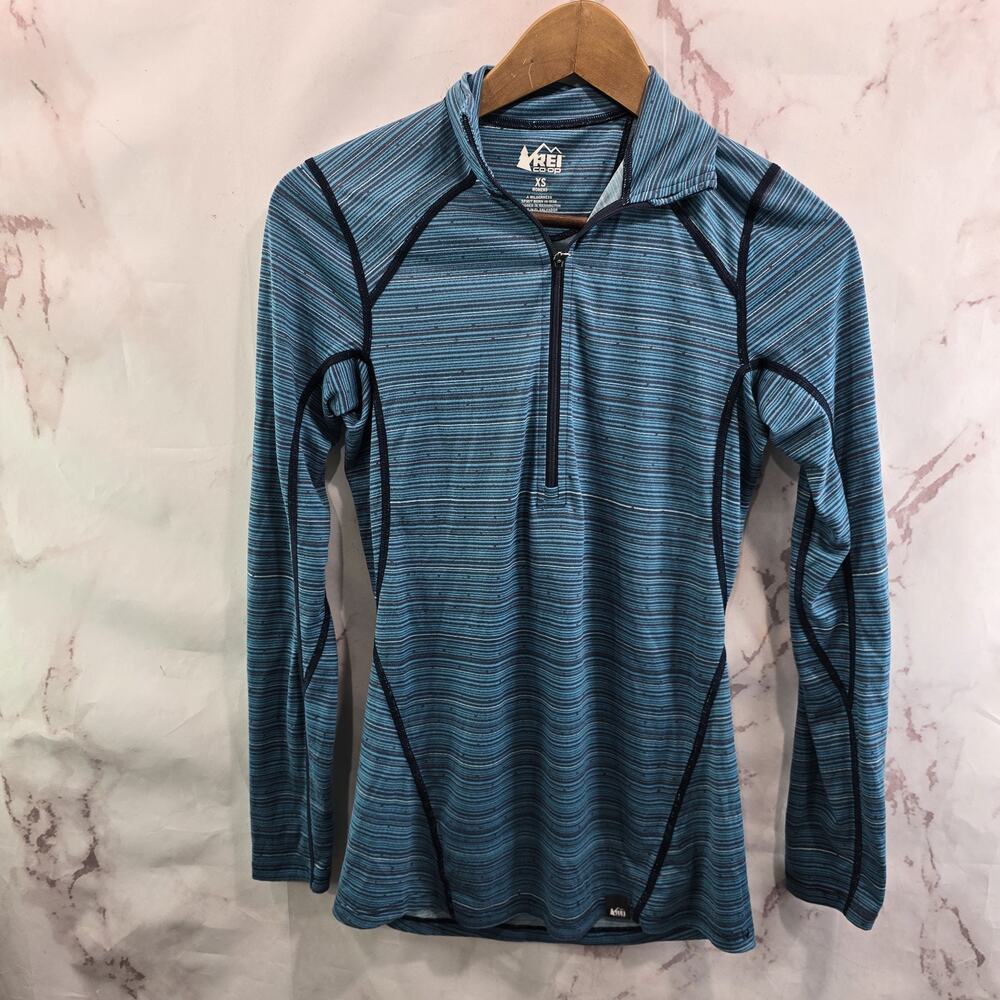 REI Co Op Shirt Womens XS Blue Quarter Zip Tech Long Sleeve Striped Poly
